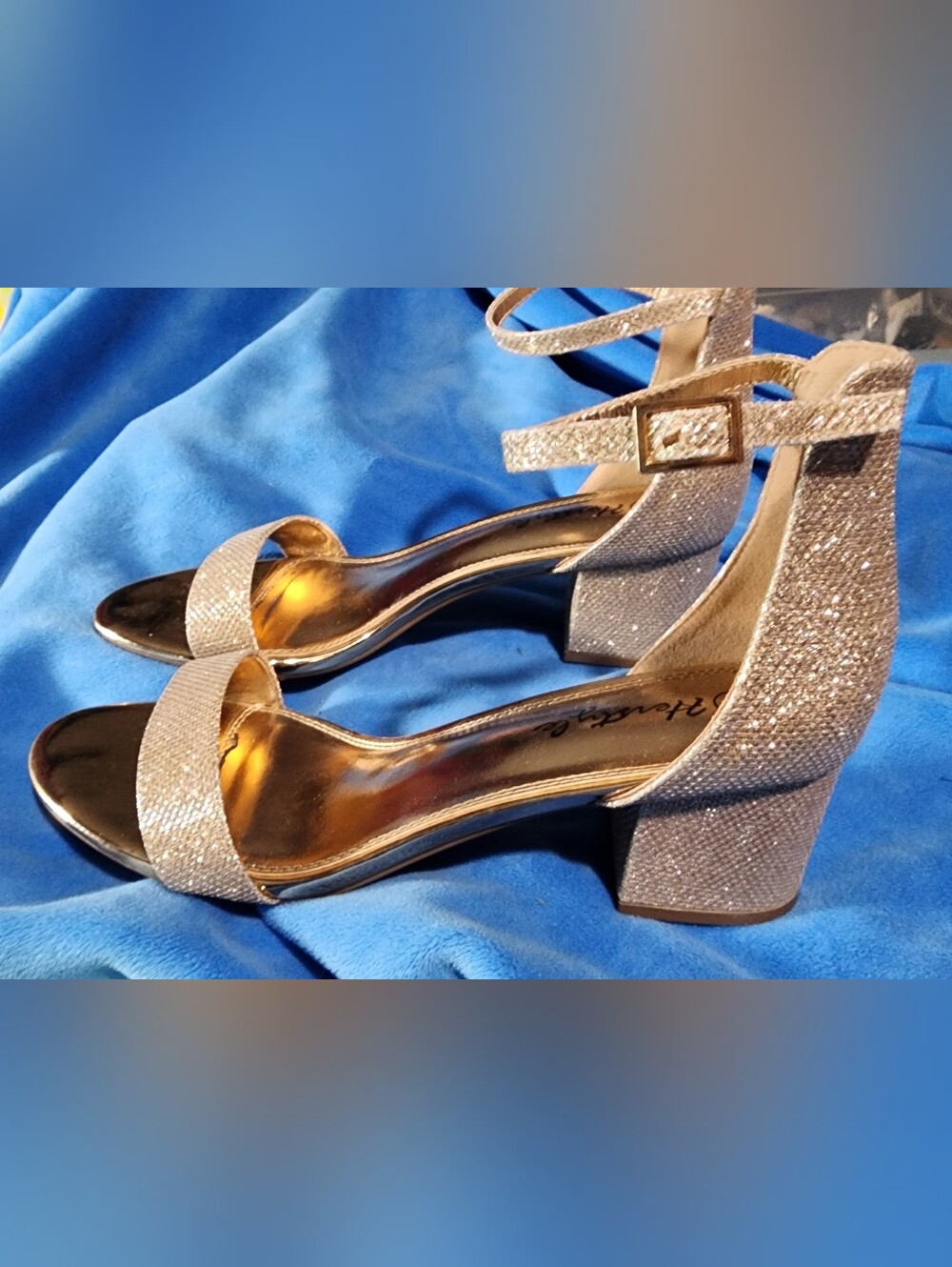 Herstyle Gold Glitter Block Heel Sandals